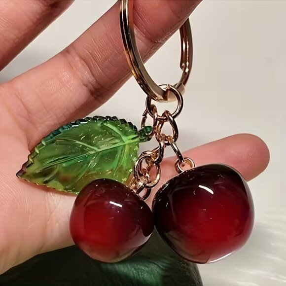 🍒 Cute Glossy Red Cherry Keychain Gold Tone Fruit Charm Bag Purse Backpack - Picture 3 of 4